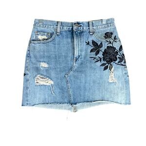 Rag & Bone Womens Skirt Blue Denim Black Embroidered Mini Distressed 26
